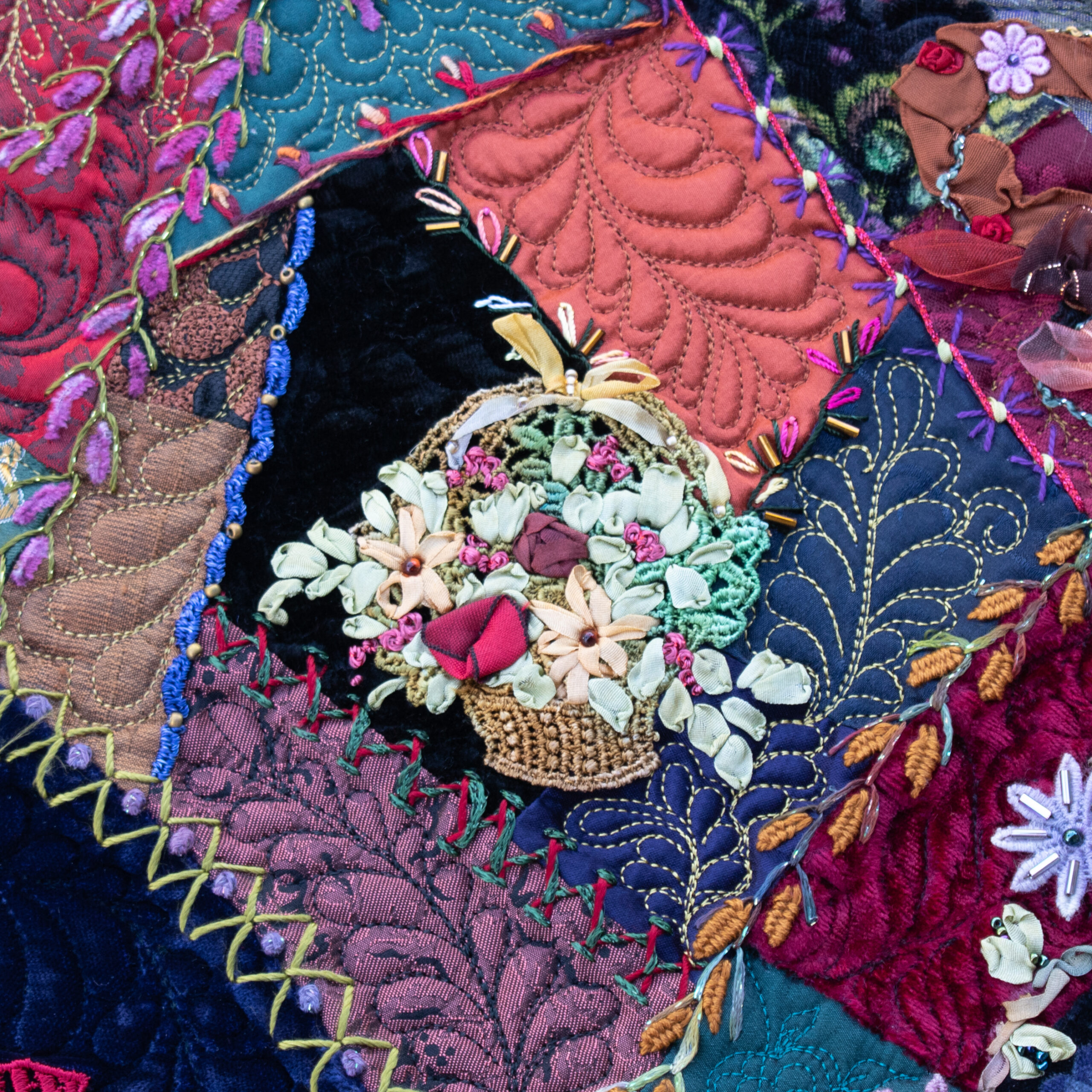 ヤ*キ様 Cording Embroidery Quilted Wrapped Using Rayon Lace Applique In Crazy Quilting |Colour Complements