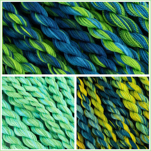 Close-up of limited edition fibre colourways in shades of green and blue.