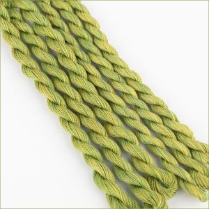Perle cotton embroidery thread, hand-dyed in greens.