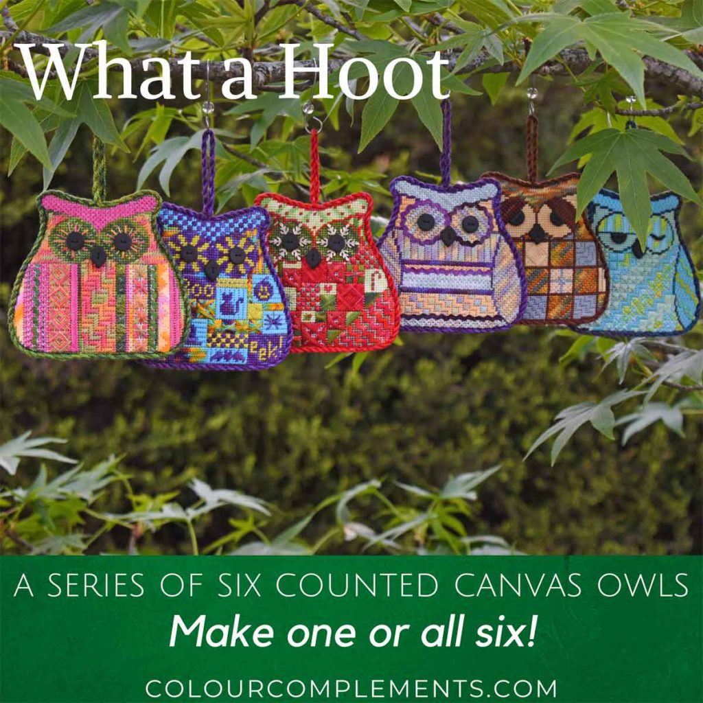 Six colorful counted canvas owl needlepoint designs  "What a Hoot