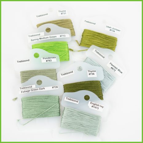 Trebizond Silk 2 Trebizond Silk embroidery threads in various shades of green, labeled with names and numbers.